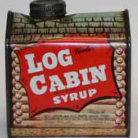          front view Log Cabin Syrup tin with Hoboken location
   