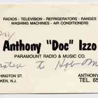 Business card of Anthony "Doc" Izzo, Paramount Radio & Music Co., 700 Washington St., Hoboken, no date, ca. 1970-1999.