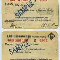 Pass, railroad, 2: Erie Lackawanna Railroad Co., good for 1965 to 1967; for retired employee & wife, John J. Carr & Mrs. Mary Carr. Ink stamped: SAMPLE.