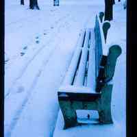 Color slide of snow on park benches.