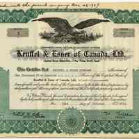 Stock certificate no. 1 of Keuffel & Esser of Canada, Ltd., for 2500 shares capital stock, par value $100, "Original Issue"; issued to Keuffel & Esser Co. (Hoboken, N.J.), Oct. 31, 1951.