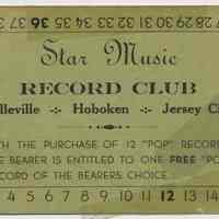 Coupon card: Star Music Record Club, Belleville, Hoboken, Jersey City. No date, circa 1930