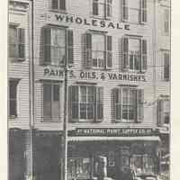Printed B+W photograph of National Paint Supply Company, 97 Clinton Street, Hoboken, no date, ca. 1906-1908.