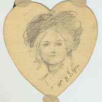 Pencil drawing of a portrait of an unidentified woman on heart-shaped cut-out , signed by artist, William B. Gilpin, no place, no date, c. 1900.