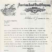 Letter to Palmer Campbell of Hoboken on American Lead Pencil Co. letterhead from company official, Hoboken, Oct. 28, 1918.