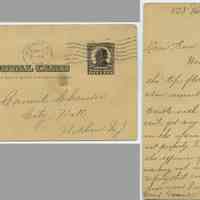 Postcard to Hoboken City Council, City Hall, from Miss Greene, 538 Washington St., March 3, 1908, re lack of water service on top floor at her address.