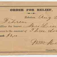 Record: Order for Relief, Third Ward, Hoboken, August 22, 1879, to a grocer allowing the bearer to purchase groceries up to $3.00
