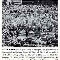 Reference image: Mayor John J. Grogan addressing crowd at his inauguration in front of City Hall, Hoboken, July, 1, 1953.