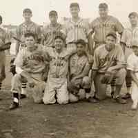 Digital image of sepia-tone photo of eleven baseball players posed in uniforms of six different teams, no place (Hoboken?), no date, ca. 1940-1950.