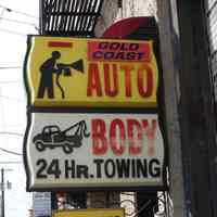 Color photographs, 4, of former Gold Coast Auto Body (previously Spina), Park Ave. signage, Hoboken, Feb. 21, 2012.