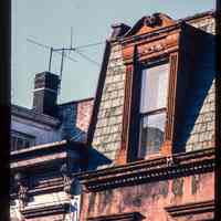          Color slide of detail view of mansard roof, gable dormer, cornice, dentils and window heads at 158 10th between Bloomfield and Garden picture number 1
   