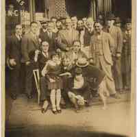 Sepia-tone photo of Bull Montana, Frankie Nelson, Stack brothers, posed on Hudson St., Hoboken, July 15, 1927.