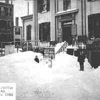 B+W photo of the Blizzard of 1888 at southwest corner of 1st & Bloomfield Sts., 1888.