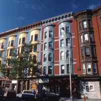 Color slide of the exteriors of newly painted buildings on west side of the 1200 block of Washington St., Hoboken, October, 1984.