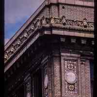          Color slide of close-up view of cornice, dentils and brick pilasters on the Steneck Building/Seaboard Building at 95 River on the SE corner of 1st and River picture number 1
   