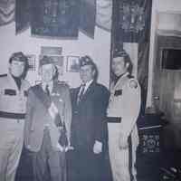 B+W group photo of George Crimmins, Sr with 3 other people at Veterans of Foreign Wars Post 158, no date (ca. late 1940