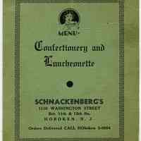 Menu. Confectionery and Luncheonette. Schnackenberg