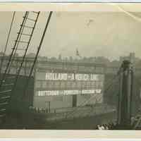 B+W photo of the river end of the Holland America Lines pier shed at Fifth and River Sts. and the Hudson River, Hoboken, no date, ca. 1910