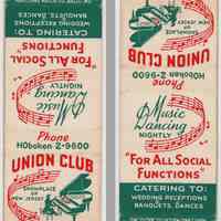 Matchbook from Union Club, 6th & Hudson Streets, Hoboken, N.J. N.d., ca. 1940-1950.