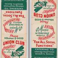 Matchbook from Union Club, 6th & Hudson Streets, Hoboken, N.J. N.d., ca. 1940-1950.