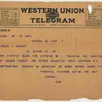 Telegram to Edward J. Sharkey, Hoboken from Gilkyson, Acting Adjutant General, n.d., ca May-July 1917 re organization of District Board Div. 1.