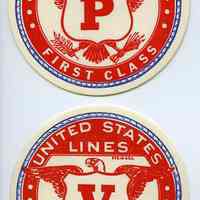          1: baggage labels, 2; United States Lines; First Class; P, V
   