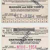 Tickets, 2: Lackawanna R.R. Weekly 12-trip Commutation; Chatham; Madison; New York; 1954; stamped Cancelled.