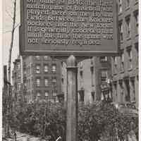 B+W photo of baseball centennial plaque at 11th & Hudson Sts., Hoboken, n.d., ca. 1950s-1960s.