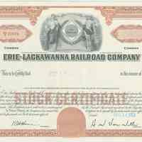 Stock certificate: Erie-Lackawanna Railroad Co., light brown, for less than 100 shares common stock, dated Dec. 14, 1962.