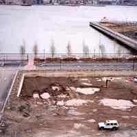 Color photo of an elevated view of construction progress of Pier A Park, Hoboken, 1999.