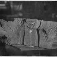 B+W photo of a broken casting on a work table, United Dry Dock, Hoboken, no date, ca. 1937.