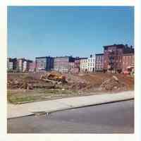 Image: color photo of site preparation on the construction site of Marine View Towers, Hoboken, May, 1973.
