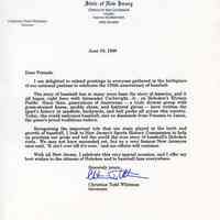 Letter of welcome from New Jersey Governor Christine Todd Whitman to "Friends", June 19, 1996.