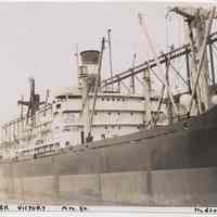 B+W photo of S.S. Macalester Victory at American Export Lines Hoboken pier, Apr. 1948.