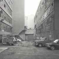 Digital image of B+W photo of former Maxwell House Coffee plant exterior, between Manufacturing Building & Extraction Building, Hoboken, 2003.