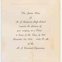 Digital image of engraved invitation to Junior Class Prom, Demarest High School, Hoboken, Nov. 25, 1959.