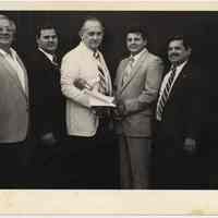 B+W photo of Tom Vezzetti with four men, location not given , Hoboken, n.d, ca. 1983-1988.