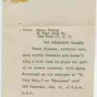 Sinatra photo caption label only for Frank Sinatra stock publicity photo promoting CBS radio show Suspense episode "To Find Help." Jan. 1945. No print.