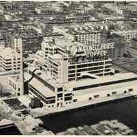 Printed b+w photo of aerial view of Maxwell House Coffee plant at 11thSt. & Hudson River, Hoboken, published 1946.