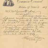 Letter: Mayor Lawrence Fagan to City Clerk M.V. McDermott, March 3, 1899, re calling a special session of City Council re Rutherford Railway Co. resolution.