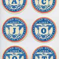         3: baggage labels, 6; United States Lines; Tourist Class; A, C, J, O, Q, T
   