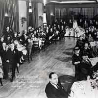 B+W panoramic photo of wedding reception for Mr. & Mrs. John Hildemann, Meyer