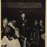John J. Grogan of Hoboken addressing a union convention in Chicago from the floor, no date, ca.1950.