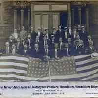 Sepia tone group photo: New Jersey State League of Journeymen Plumbers, Steamfitters, Steamfitters Helpers. Hoboken, N. J. Sun., July 16, 1916.