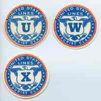          4: baggage labels, 3; United States Lines; Tourist Class; U, W, X
   