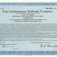 Stock certificate: Erie-Lackawanna Railroad scrip certificate, 50/100 of a share, October 17, 1960.