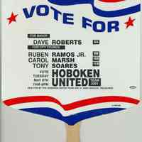 Political campaign literature "Hoboken United" poster with handle issued on behalf of David Roberts and slate in his campaign for Hoboken Mayor, 2001