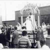 B+W digital print of photo of procession Black Madonna outside St. Francis Church, Hoboken, September 1948 or 1949.