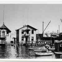 B+W photo of Rosedale Boat Club (left) & Atlantic Boat Club clubhouses on Hudson River between 4th & 5th Sts., Hoboken, n.d., ca. 1890-1900.