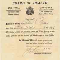 Birth certificate for Arthur E. Miller, born Dec. 20, 1914, Hoboken; certified duplicate issued June 14, 1939.